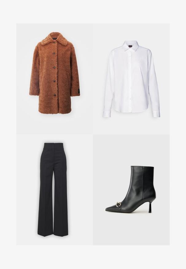 HUGO MIMINA - Klassisk kåpe / frakk - rust/copper; Hvit langermet skjorte med knapper laget av bomull. Har en klassisk krage og subtilt merke brodert på brystet. Glatt tekstur.; Bredde benbukser i svart stoff med høy midje, med en ren finish og glatt tekstur. Ingen synlige detaljer eller mønstre.; Sorte lær ankle boot med spiss tå, slank mid-høyde hæl og sølvspenne på siden mot en enkel bakgrunn.