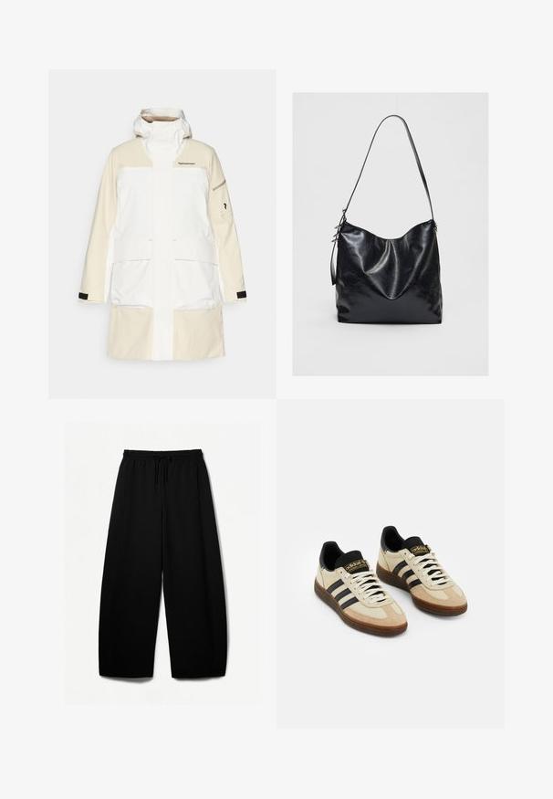 White and cream waterproof jacket with a high collar, large front pockets, and black accents on sleeves. Features branded logo on chest.; Light beige cropped sweater, made with a soft knit fabric, features a wide neckline, drop shoulders, and ribbed cuffs and hem.; Black wide-leg pants with an elastic waistband and drawstring. Soft fabric with a smooth texture. Straight cut with side seams.; Beige suede athletic shoes with black leather accents, white laces, and brown rubber outsole. Three black stripes on each side.; Black leather shoulder bag with a soft, textured finish. Features a curved design and a single adjustable strap. No additional hardware.