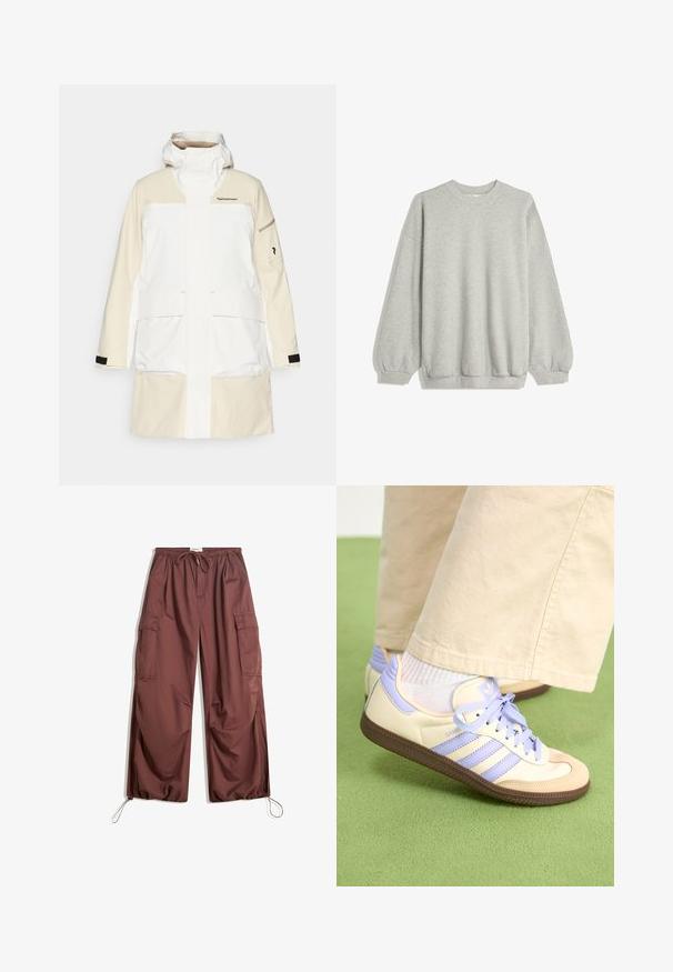 Weiße und cremefarbene wasserdichte Jacke mit hohem Kragen, großen Vordertaschen und schwarzen Akzenten an den Ärmeln. Mit einem Markenlogo auf der Brust.; Grauer Kapuzenpullover aus weichem Stoff, mit Rundhalsausschnitt, langen Ärmeln mit elastischen Bündchen und einem lockeren Schnitt. Keine Muster oder Akzente.; Weite braune Cargo-Hosen mit elastischem Bund, Kordelzug, großen Seitentaschen und verstellbaren Knöchelcords.; Cremefarbene und lavendelfarbene Sneakers mit drei Streifen und einer strukturierten braunen Sohle, ausgestattet mit Schnürsenkeln und einer gepolsterten Ferse. Obermaterial aus weichem Stoff.
