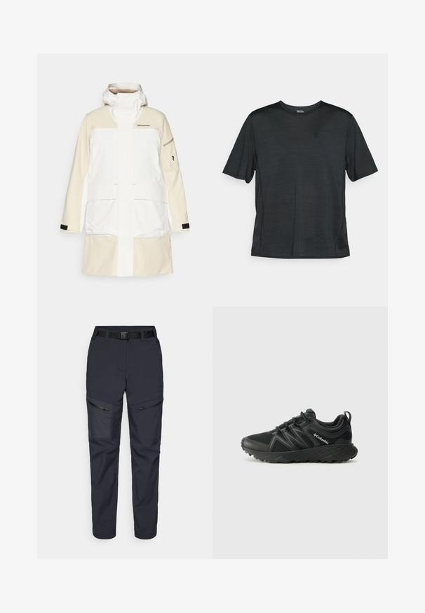 Balta ir kreminė vandeniui atsparia striukė su aukštu apykakle, didelėmis priekinėmis kišenėmis ir juodais akcentais ant rankovių. Pirmame stovoje yra prekės ženklo logotipas.; Juodas trumpas rankovėmis sportinis marškinėliai, pagaminti iš lengvo, drėgmės sugeriančio audinio. turi apvalų kaklą ir mažą logotipą krūtinės srityje.; Jūrų laivyno lauko kelnės, pagamintos iš sintetinių medžiagų, su užtrauktukais kišenėse, diržu ir siaurėjančiu kojų dizainu. Lygus paviršius su minimaliais akcentais.; Columbia PEAKFREAK - Turistiniai batai - black