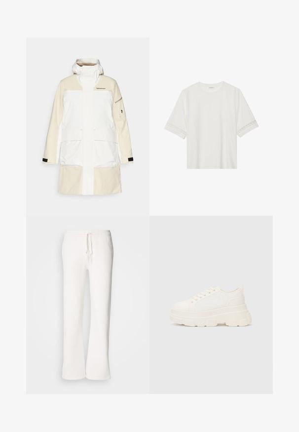 Weiße und cremefarbene wasserdichte Jacke mit hohem Kragen, großen Vordertaschen und schwarzen Akzenten an den Ärmeln. Mit einem Markenlogo auf der Brust.; Weißes T-Shirt mit kurzen Ärmeln aus Baumwolle, mit dekorativem Spitzenbesatz entlang der Ärmel und einem runden Ausschnitt.; Weiße, locker sitzende Schlafanzughosen aus weichem Material, mit einem elastischen Bund und Kordelzug sowie geradem Bein.; Weiße Leinensneaker mit einer massiven Sohle, abgerundeter Spitze und fünf Ösen für Schnürsenkel. Hinterer Tab für ein einfaches Anziehen. Glatte Textur, minimalistisches Design.