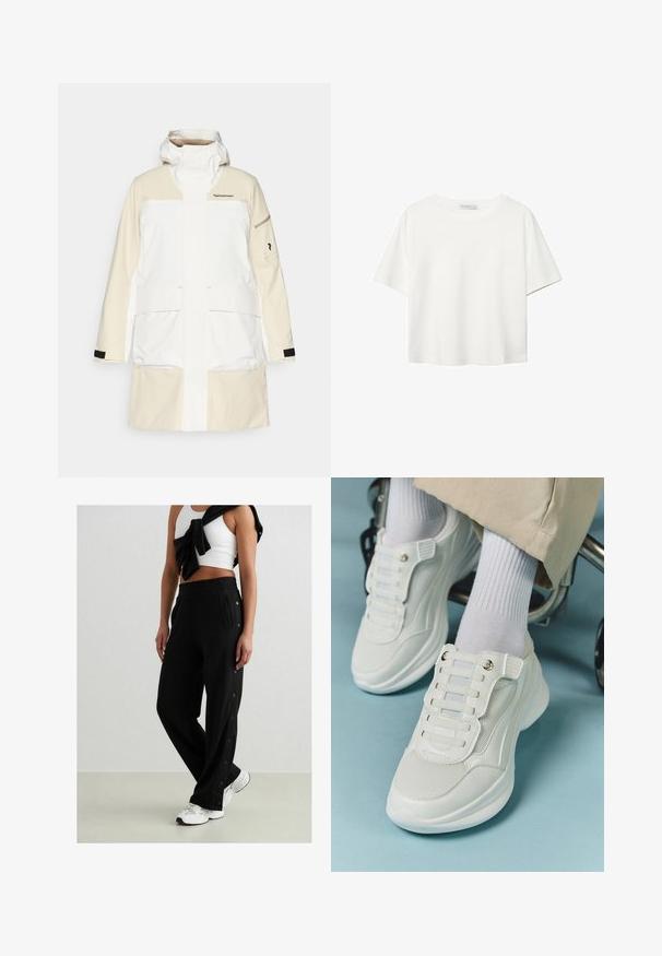Veste imperméable blanche et crème avec un col montant, de grandes poches avant et des accents noirs sur les manches. Présente un logo de marque sur la poitrine.; T-shirt blanc à manches courtes en coton. Doté d'un col ras du cou et d'une coupe décontractée. Texture lisse sans motifs ni accents visibles.; Pantalon de jogging noir avec boutons pression sur le côté, taille élastique et deux poches latérales. Le tissu semble doux avec une texture lisse.; Baskets blanches avec un matériau en maille, semelle en caoutchouc, design sans lacets avec des bandes élastiques et accents dorés.