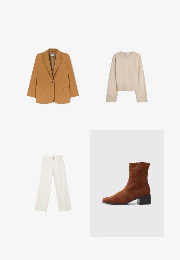 Camelin värinen bleiseri, joka on valmistettu sileästä kankaasta. Siinä on viisto kaulus, yksittäinen napitus ja kaksi etutaskua. Muotoiltu malli, jossa on vähäiset yksityiskohdat.; Beige lyhyt villapaita, joka on valmistettu pehmeästä neulotusta materiaalista. Siinä on pyöreä kaula-aukko, pitkät hihat sekä ribbireunat ja helma, jotka lisäävät tekstuuria.; Valkoiset leveälahkeiset farkut, joissa on korkea vyötärö, etutaskut ja nappihytti. Puhtaan muotoilun minimalistisilla yksityiskohdilla.; Ruskea mokkanahkainen nilkkuri, jossa on neliönmuotoinen kärki ja matala paksu korko, sivussa vetoketjukiinnitys. Esitetty profiilista valkoista taustaa vasten.