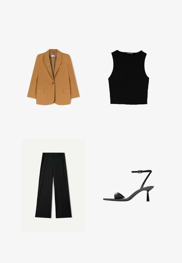 Blazer v barvě velbloudí vyrobený z hladké tkaniny, s klopovým límcem, zapínáním na jeden knoflík a dvěma předními kapsami. Ušitý design s minimálními detaily.; Černý bezsleeve crop top vyrobený z hladké tkaniny, s kulatým výstřihem a čistým, jednoduchým designem bez vzorů nebo kovových doplňků.; Bershka WIDE - Kalhoty - black; Bershka Sandály na vysokém podpatku - black