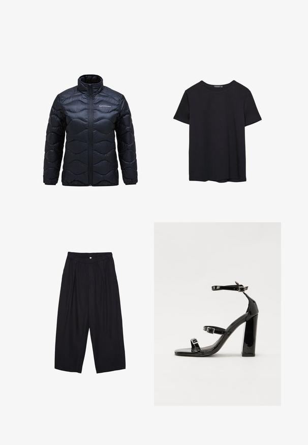 Gestepptes schwarzes Jacket mit hohem Kragen, das ein wellenförmiges Steppmuster aufweist und mit einem Reißverschluss vorne geschlossen wird. Logo auf der linken Brust aufgedruckt.; Einfaches schwarzes T-Shirt aus Baumwolle mit kurzen Ärmeln und Rundhalsausschnitt, auf einem weißen Hintergrund dargestellt.; Schwarze Polyester-Culotte mit einem elastischen Bund, zwei vorderen Falten und einer lockeren Silhouette. Keine sichtbaren Muster oder Hardware-Details.; Schwarze patentierte Sandalen mit Absatz, quadratischer Spitze, Knöchelriemen und silbernen Schnallen. Mit einem stabilen Blockabsatz für mehr Stabilität.