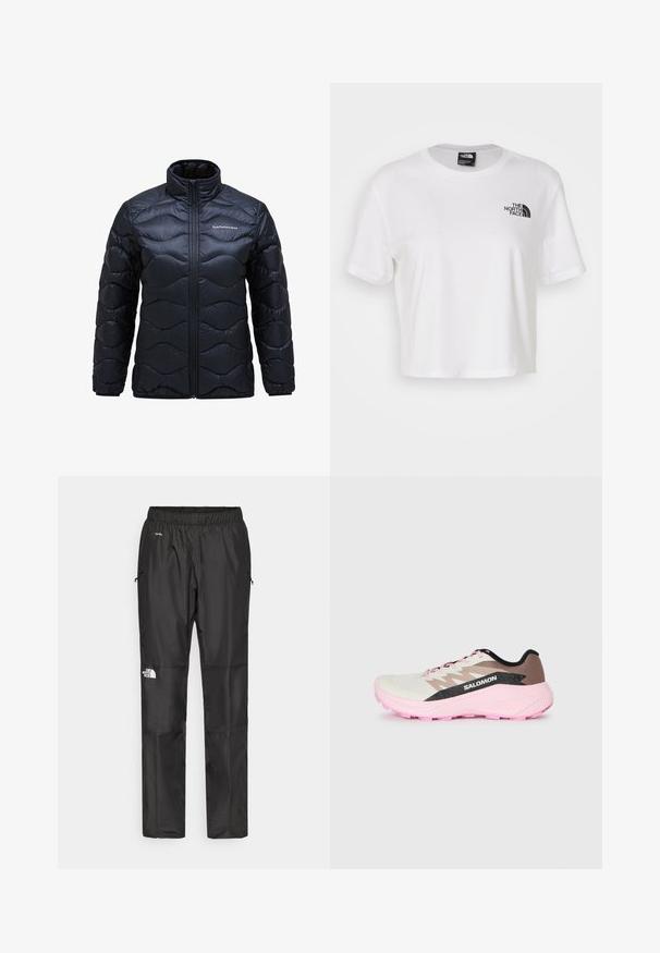 Veste noire matelassée avec un col haut, présentant un motif matelassé ondulé et une fermeture éclair à l'avant. Logo imprimé sur la poitrine gauche.; T-shirt blanc court en coton avec un col rond et des manches courtes. Présente un logo noir sur le côté gauche de la poitrine.; Pantalons noirs imperméables en tissu léger, dotés d'une taille élastique, de poches latérales et d'un logo sur la jambe gauche.; Chaussure de running légère en blanc, marron et rose. Présente un dessus respirant, des accents gris texturés et une semelle en caoutchouc rose.