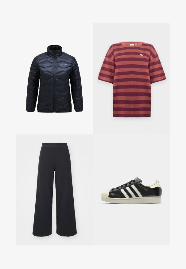 Gestepptes schwarzes Jacket mit hohem Kragen, das ein wellenförmiges Steppmuster aufweist und mit einem Reißverschluss vorne geschlossen wird. Logo auf der linken Brust aufgedruckt.; Gestreiftes T-Shirt in Kastanienbraun und Rost, kurze Ärmel, runder Halsausschnitt, mit einem kleinen goldenen Logo im linken Brustbereich, aus Baumwollstoff gefertigt.; Schwarze weite Sweatpants aus weichem Material, mit einem elastischen Taillenbund und einem kleinen Logo auf der linken Seite.; Schwarze Ledersneaker mit weißen Streifen, Gummikappe, schwarzen Schnürsenkeln und einer cremefarbenen Sohle. Glatte Textur mit glänzender Oberfläche.