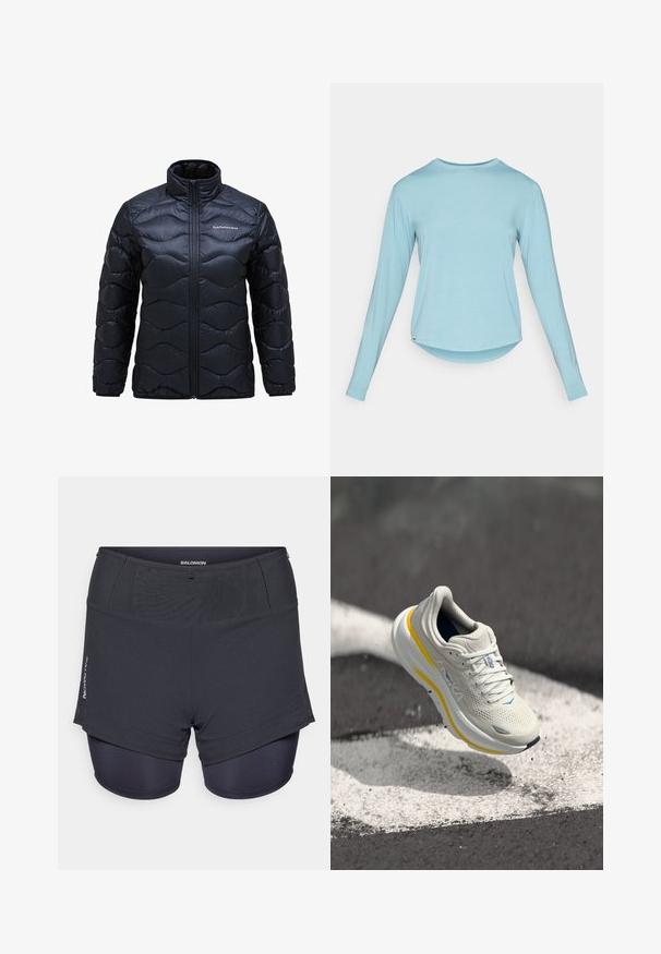 Chaqueta negra acolchada con un alto cuello, con un patrón de acolchado ondulado y cierre frontal de cremallera. Logo impreso en el lado izquierdo del pecho.; Camisa de manga larga de cuello redondo azul claro con un dobladillo ligeramente curvado, exhibida plana sobre un fondo blanco.; Bermudas deportivas de color gris oscuro con un forro interior ceñido, que presentan un acabado texturizado y el logo "Salomon" en el lateral.; Zapatilla de running gris claro con detalles amarillos; parte superior de malla, suela acolchada y sutiles detalles azules. Logo distintivo de la marca en el lado.