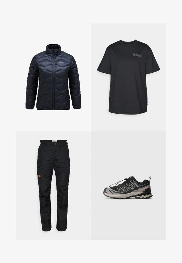 Podstavljena crna jakna s visokim ovratnikom, koja ima valoviti kviltirani uzorak i prednje zatvaranje na patentni zatvarač. Logo otisnut na lijevoj strani prsnog dijela.; Crna pamučna majica s kratkim rukavima, okruglim izrezom, sivi print loga na gornjoj lijevoj strani i malim akcentom švedske zastave.; Crne cargo hlače s više džepova, kopčanjem na dugme i lagano suženom kroju nogavica. Izrađene su od izdržljivog materijala s teksturiranim finišem.; Crno-siva atletska cipela s mrežastim gornjim dijelom, gumenim potplatom i elastičnim sistemom vezanja. Ima pojačani vrh i strukturirane detalje.