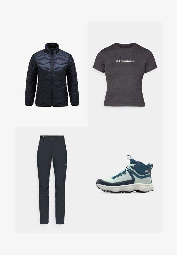 Polstrovaná čierna bunda s vysokým golierom, s vlnitým prešívaným vzorom a predným zipsom. Logo je potlačené na ľavom prsníku.; Tmavohnedé tričko s krátkym rukávom vyrobené z textúrovanej látky s okrúhlym výstrihom, s bielym logom Columbia na hrudi.; Pánske outdoorové nohavice, tmavo šedé, vyrobené z flexibilného materiálu, s opaskom, so zipsovými vreckami a vystuženým šitím.; Pánska turistická obuv v svetlej teal a námorníckej modrej. Disponuje textúrovaným zvrškom, tvarovanou gumennou špičkou a agresívnym podošvou pre trakciu.