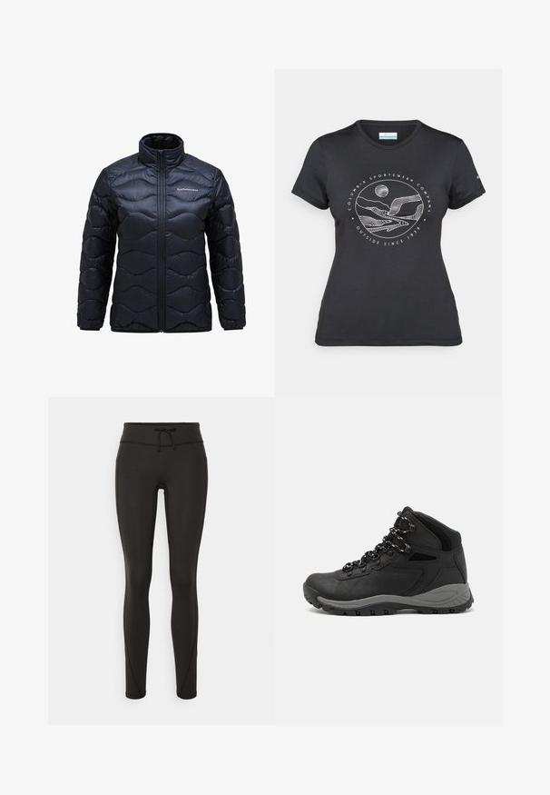 Párnázott fekete dzseki magas gallérral, hullámos steppelt mintázattal és elülső cipzárral. Logó nyomtatva a bal mellen.; Fekete Columbia póló fehér, kör alakú hegy és folyó vonalrajzzal, valamint a "Columbia Sportswear Company Outside Since 1938" felirattal.; Fekete leggings magas derékkal, zsinórral, sima textúrával és testhezálló kialakítással. Oldalt varrási részletekkel rendelkezik.; Fekete túracipő közepes magasságú kialakítással, texturált felsőrésszel, szürke részletekkel és strapabíró gumitalppal, amelynek tapadós kiemelkedései vannak.