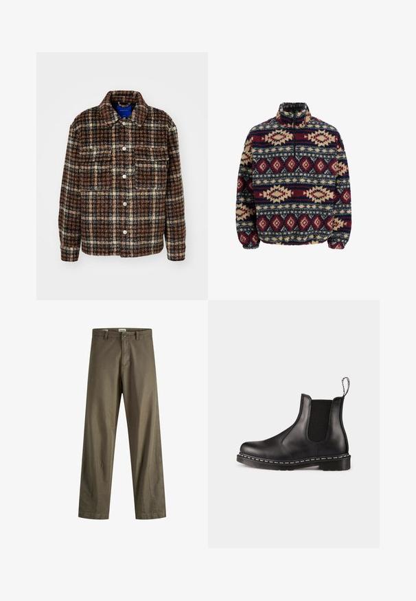 Marmuro rašto švarkas rudos, smėlio ir tamsiai mėlynos spalvų. Pagamintas iš faktūrinio audinio su apykakle, mygtukų užtrauktuku ir dviem krūtinės kišenėmis.; Fleece megztinis su pusiau užtrauktuku, su geometriniais raštais tamsiai mėlynos, vyno raudonos ir smėlio spalvos, su elastingomis rankovėmis ir aukštu apykakle.; Tamsiai žali medvilniniai kelnes su tiesiais kojomis, turinčios užtrauktuką, mygtuko uždarymą ir šonines kišenes. Glotni tekstūra ir minimalus dekoravimas.; Juodos odinės Chelsea botai su elastiniais šonais, apvaliu pirštu, traukimo kilpute, balta siūlė ant pado ir tekstūruota gumine išorine puse.