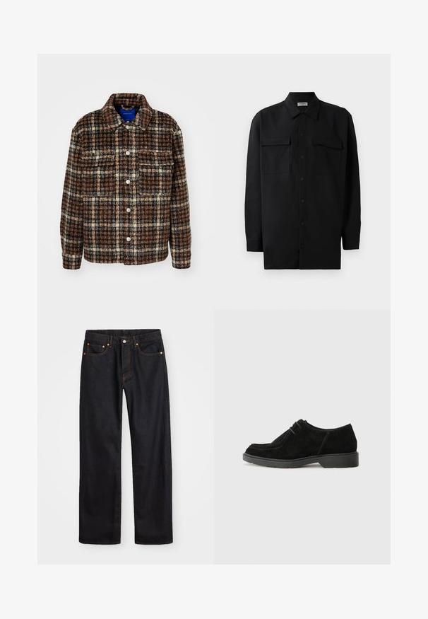 Raibais žakets brūnā, krēmkrāsas un tumši zilā krāsā. Izveidots no teksturēta auduma ar apkakli, pogu aizdari un divām krūšu kabatām.; Melnā pogu krekla, kas izgatavota no gludas auduma, ar klasisku apkakli, divām priekšējām kabatām un garām piedurknēm ar pogu aprocēm.; Vīriešu taisno kāju melnie džinsi ar piecām kabatām un oranžu izšuvumu, ar pogu un zipa aizdari priekšējā jostas daļā.; Melnas zamša kleitu kurpes ar noapaļotu pirkstu, kontrastējošu šuvju un gumijas zoli. Ievērojams minimālais auklu dizains un gludā augšdaļa.