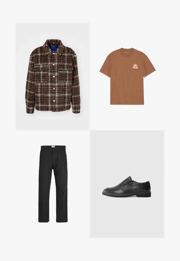 Marmuro rašto švarkas rudos, smėlio ir tamsiai mėlynos spalvų. Pagamintas iš faktūrinio audinio su apykakle, mygtukų užtrauktuku ir dviem krūtinės kišenėmis.; Rudas trumpas rankovėmis marškinėliai, pagaminti iš medvilnės, su rožiniu saulės grafinu ir užrašu "SOLAR" kairėje krūtinės pusėje. Apvalaus iškirpimo fasonas.; Juodi kelniai, pagaminti iš tvirto audinio, su tiesiomis kojomis, siuvinėtomis detalėmis ir dviem priekinėmis kišenėmis funkcionalumui.; Juodai odiniai įtvirtinimo batai su lygiu paviršiumi, siuvinėjimo akcentais, apvalia nosimi ir žemu guminiu kulnu. Pado raštas minimalus.