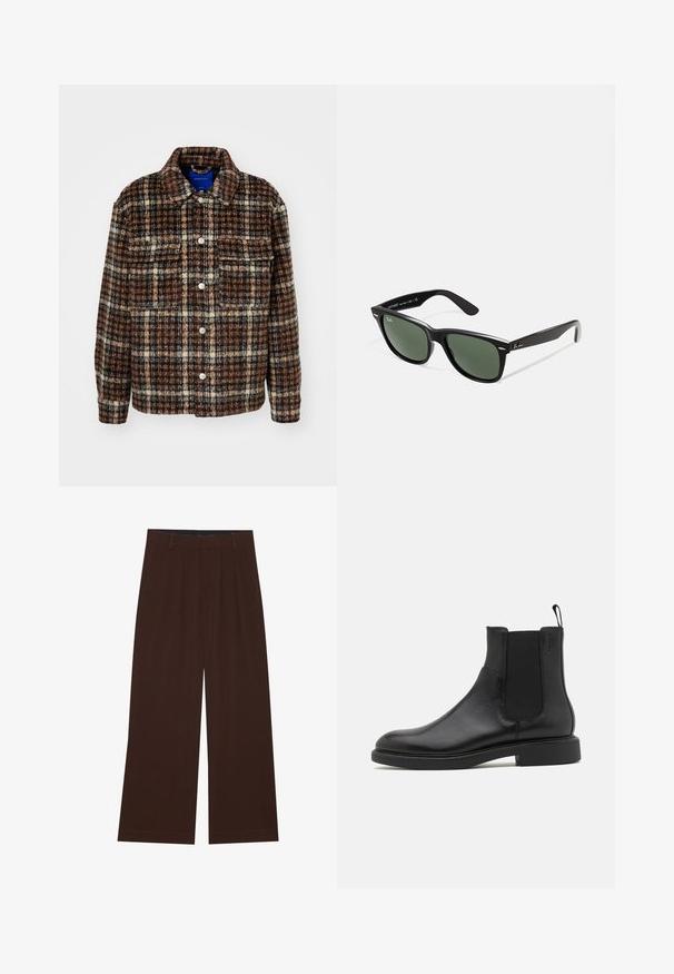 Karirana jakna u smeđoj, krem i mornarskoj plavoj boji. Izrađena od teksturirane tkanine s ovratnikom, kopčanjem na gumbe i dva džepa na prsima.; Bijela kratka majica s kratkim rukavima od mekog pamuka. Ima okrugli izrez i ravni rub s minimalnim detaljima.; Smeđe široke hlače s nabranim detaljima. Izrađene od glatkog materijala, s krojenim pojasom i bočnim džepovima. Ravni rub na dnu.; Crne kožne gležnjače s glatkom teksturom, elastičnim bočnim panelima i petljicom za obuvanje. Okrugli нос i ravni gumeni potplat s minimalnim uzorkom.; Crne plastične sunčane naočale s zelenim staklima, kvadratni okviri, srebrni naglasak na obrvi i teksturirane ručke. Naziv brenda naveden na unutrašnjoj strani ručke.