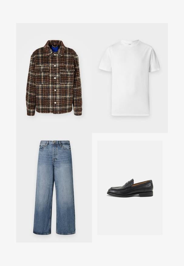 Rutete jakke i brunt, kremfarget og marineblått. Laget av teksturert stoff med krage, knappelukking og to brystlommer.; Hvit kortermet t-skjorte laget av myk bomull. Har rund hals og rett hem med minimal dekor.; Bredde ben blå denim jeans med en falmet vask, fem lommers design og knappelukking. Utstyrt med beltehemper og sydd detaljering.; Sorte lær loafers med en glat overflade, rund tå og dekorativ syning på forfoden. Lav stablet hæl og let glans.