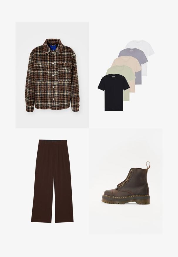 Checkered jacket in brown, cream, and navy. Made of textured fabric with a collar, button closure, and two chest pockets.; Set of five T-shirts in black, pale green, beige, light purple, and white. Each has a round neckline and short sleeves, made from cotton.; Brown wide-leg trousers with pleats. Made of a smooth fabric, featuring a tailored waistband and side pockets. Flat hem at the bottom.; Brown leather ankle boot with a round toe, contrasting yellow stitching, decorative metal eyelets, and a grooved rubber sole.