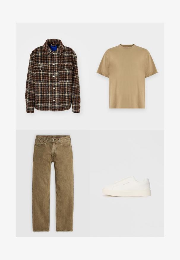 Rutete jakke i brunt, kremfarget og marineblått. Laget av teksturert stoff med krage, knappelukking og to brystlommer.; Khaki kortermet T-skjorte laget av mykt stoff, med rund hals og en avslappet passform. Ingen mønstre eller grafikk er synlige.; Lys brun denimjeans med rett ben-design, fem-lomme stil og kobberfarget hårdvare. Teksturet stoff med synlige sømdetaljer.; Hvite slip-on joggesko med teksturert overflate, tykk såle og minimalistisk design. Har merkevarelogo på siden.