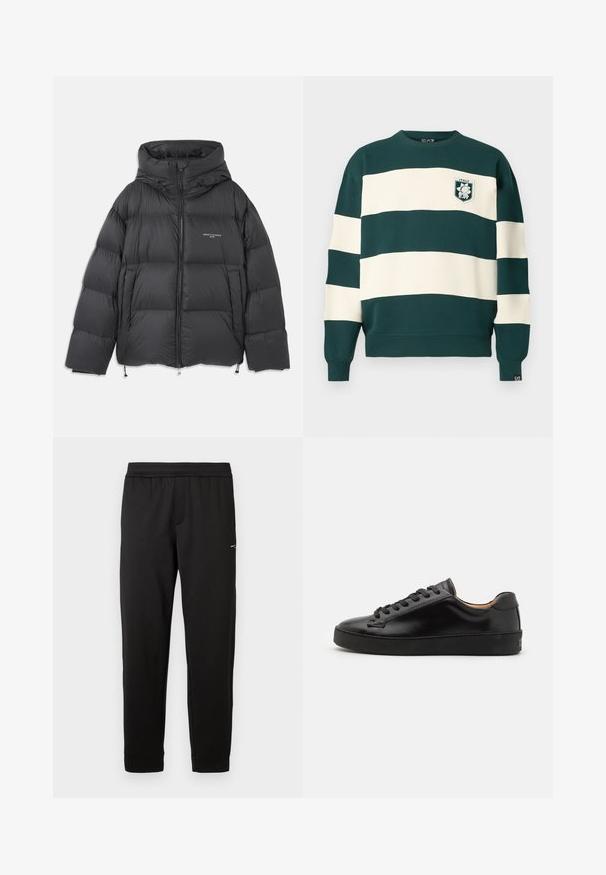 Črna puhovka z visokim ovratnikom in kapuco, prešita zasnova, sprednji zadrg in nastavljivi vrvici na robu in kapuci.; Temnozelena in bela črtasta dolga majica s kapuco z oznako "Italija EA7" na prsih in majhno oznako EA7 na manšeti.; Črne elastične hlače s slim prilegom in majhnim logotipom na zgornjem stegnu, prikazane na beli podlagi.; Črne usnjene superge z gladko končano površino, okroglo špico in črnimi vezalkami. Imajo minimalno blagovno znamko na peti in gumo podplat.
