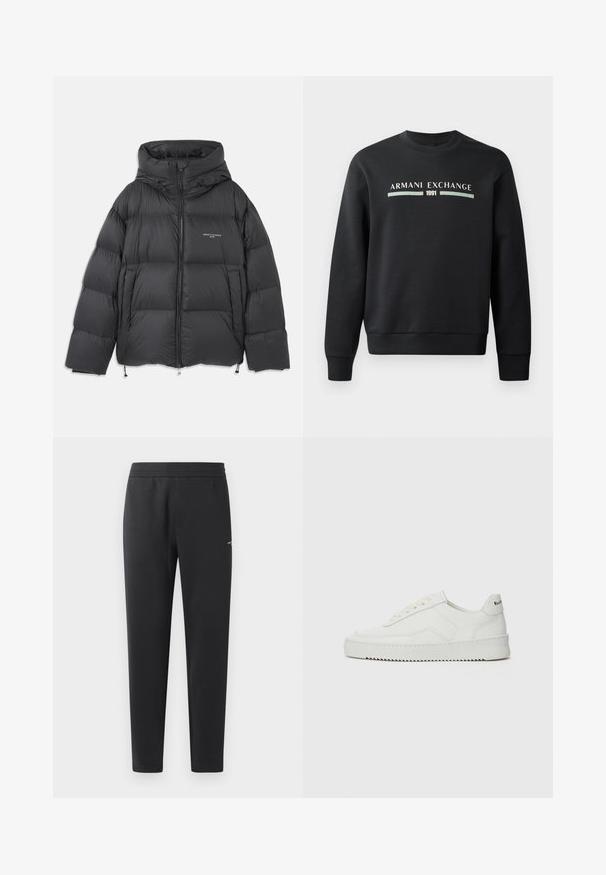 Svart pufferjacka med hög krage och huva, quiltat mönster, frontdragkedja och justerbara snörningar vid fållen och huvan.; Svart sweatshirt tillverkad av mjukt tyg. Har rundad halsringning och långa ärmar. Framtill står det "ARMANI EXCHANGE" och "1991" i kontrasterande färger.; Svarta joggingbyxor i mjukt tyg, med elastisk midja, raka ben och en liten logotypdetalj på sidan.; Vita lädersneakers med en jämn yta, rund tå, platta snörningar och en strukturerad sula. Har en diskret logotyp på hälen.