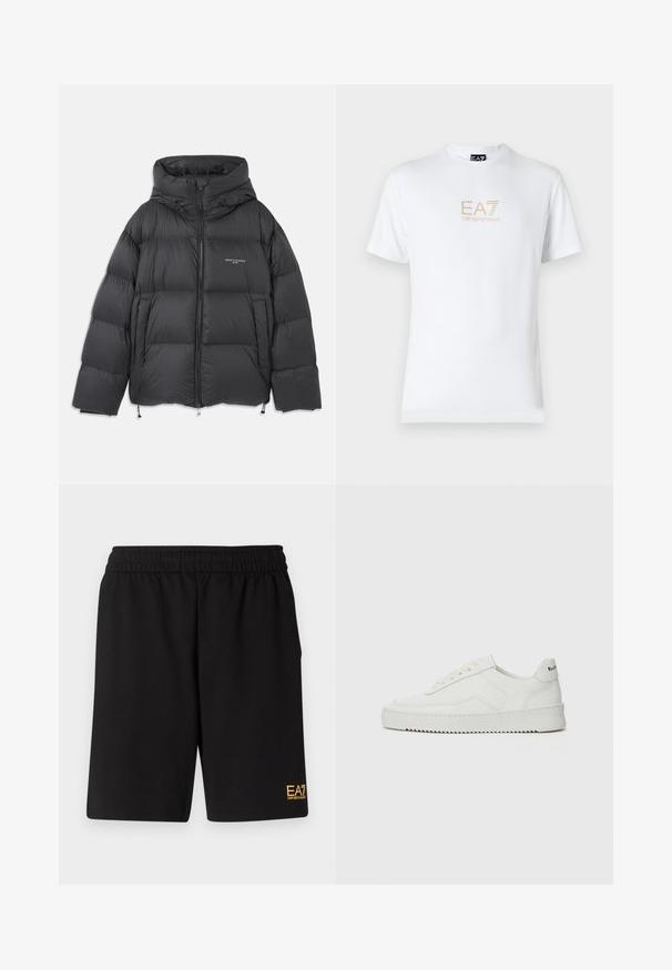 Juodas pūkinis švarkas su aukštu apykakle ir kapišonu, siuvinėtu dizainu, priekinėmis užtrauktukais ir reguliuojamais raišteliais apatinėje dalyje bei kapišone.; Balta medvilninė marškinėlių su apvaliu kaklu ir trumpomis rankovėmis, priekyje spausdintas auksinis EA7 Emporio Armani logotipas.; Juoda sportinė šortai, pagaminti iš minkštos medžiagos, su elastingu diržu ir maža geltona EA7 logo apatinėje kairėje kojoje.; Balti odiniai sportiniai bateliai su lygia apdaila, apvaliu pirštu, plokščiais raišteliais ir tekstūruotu padu. Pasižymi subtiliu logotipu ant kulno.