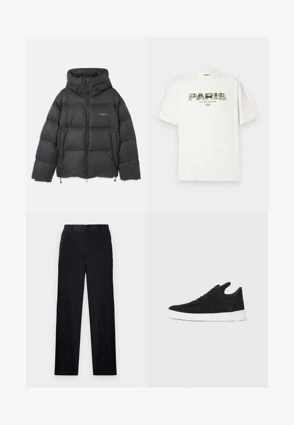 Black puffer jacket with a high collar and hood, quilted design, front zipper, and adjustable drawcords at the hem and hood.; White cotton t-shirt featuring a large graphic print of "PARIS" in camo design. Short sleeves and a round neckline. Casual, relaxed fit.; Black trousers featuring a lightweight, textured fabric, straight-leg design, elastic waistband, and side zip pockets.; Black suede sneaker with a white rubber sole, featuring tonal stitching and lace-up design. Smooth texture with a modern, streamlined shape.