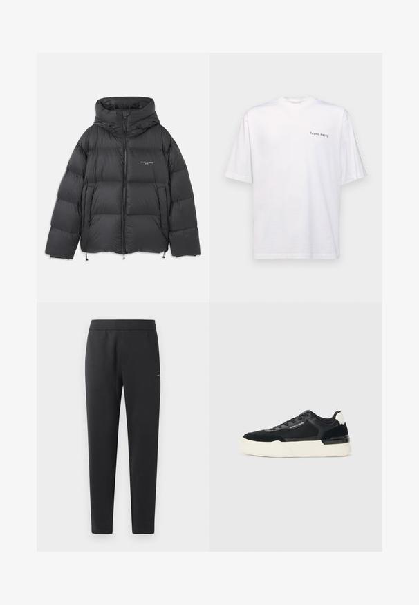 Fekete puffermellény magas gallérral és kapucnival, steppelt kialakítással, elülső cipzárral, valamint állítható zsinórokkal a szegélyén és a kapucniján.; Fehér, rövid ujjú pamut póló, V nyakkal, bal oldalon fekete "FILLING PIECES" logóval.; Fekete sportnadrág puha anyagból, rugalmas derékpánttal, egyenes szárakkal és egy kis logó részlettel az oldalán.; Fekete sneaker, amely hálós és bőrből készült, vastag fehér talppal és kontrasztos díszítőelemekkel. Fűzők és logó részlet az oldalon.