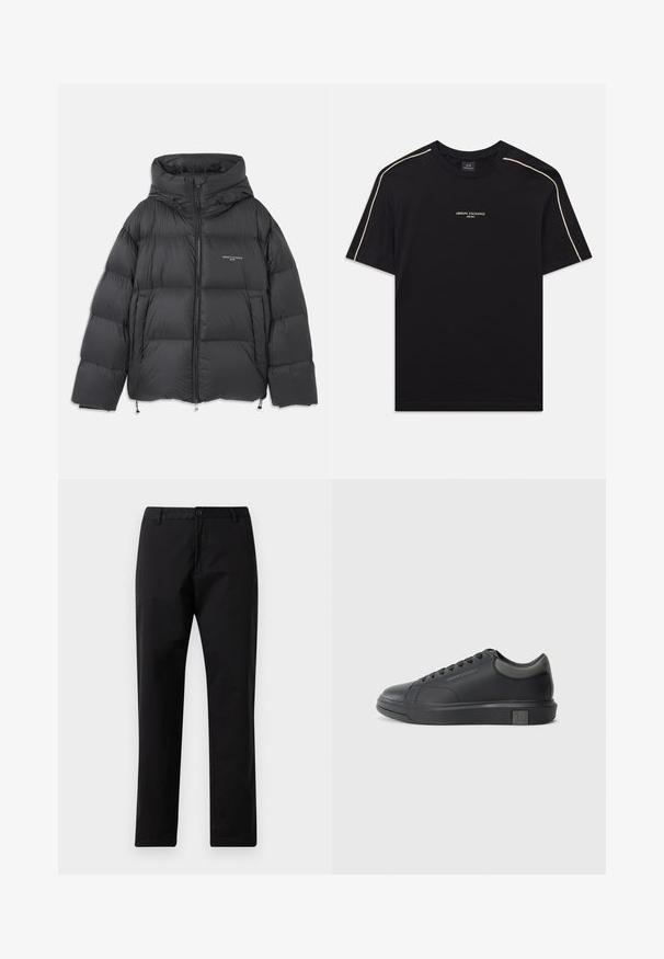 Crna puffer jakna s visokim ovratnikom i kapuljačom, sa kviltanim dizajnom, prednjim patentnim zatvaračem i podesivim špagama na rubu i kapuljači.; Crna pamučna majica s kratkim rukavima, okruglim izrezom, bež naglašenim šavovima na ramenima i ARMANI EXCHANGE logotipom u sredini.; Crne hlače ravnog kroja s kopčanjem na dugme i patentnom zatvaraču, petljama za remen i prednjim džepovima, prikazane na bijeloj pozadini.; Crne kožne tenisice s glatkom završnom obradom, okruglim vrhom i tamno sivim detaljima. Imaju vezanje i teksturiranu gumenu potplat.