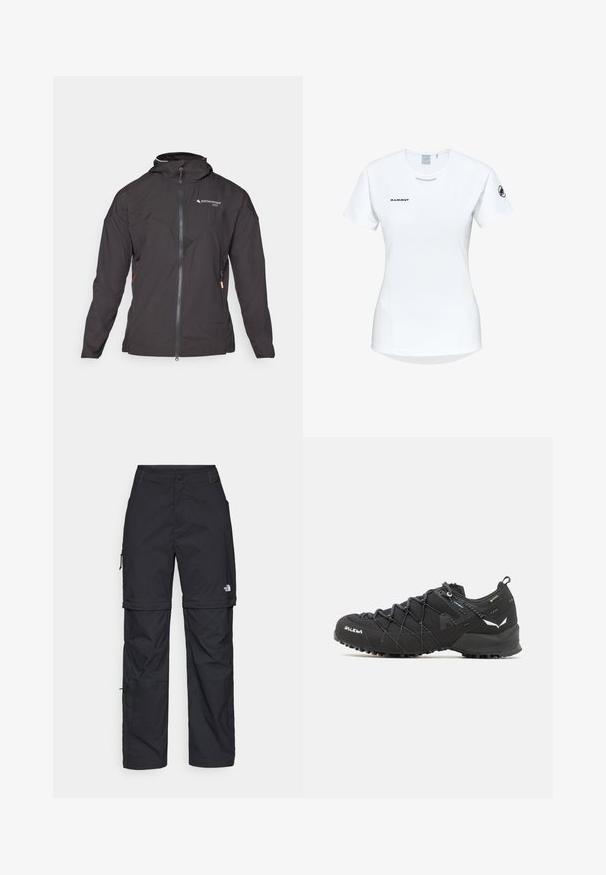 Sort jakke med lynlås foran, hætte og netdetaljer. Har et diagonalt sømdesign og sidelommer med lynlås til opbevaring. Letvægtsstof.; Kortærmet hvid sportsshirt med rund hals, prydet med et logo på brystet og en glat, let stofstruktur.; Sorte nylon cargo bukser med lynlås, justerbare manchetter, flere lommer og et logo på højre ben. Glat, let tekstur.; Sorte vandresko med en tekstureret stofoverdel, snøresystem og robust gummisål. Accenteret med reflekterende detaljer og logoer.