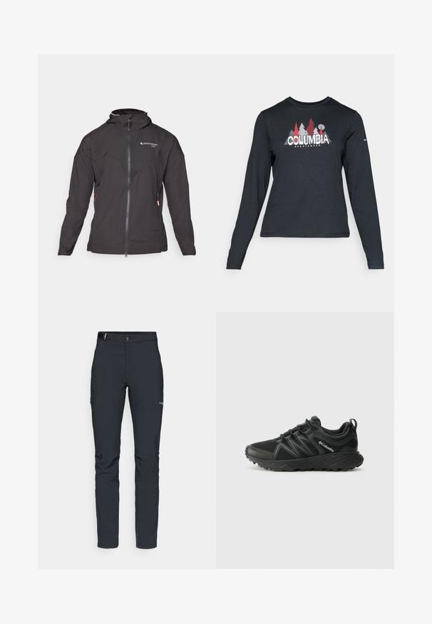 Sort jakke med lynlås foran, hætte og netdetaljer. Har et diagonalt sømdesign og sidelommer med lynlås til opbevaring. Letvægtsstof.; Langærmet mørkegrå skjorte med grafik af røde træer og bjerge; "COLUMBIA" logo i fed hvid tekst. Blødt stof, standard rund hals.; Herrers udendørsbukser, mørkegrå, lavet af fleksibelt materiale, med bælte, lynlåslommer og forstærkede syninger.; Columbia PEAKFREAK - Hikingsko - black