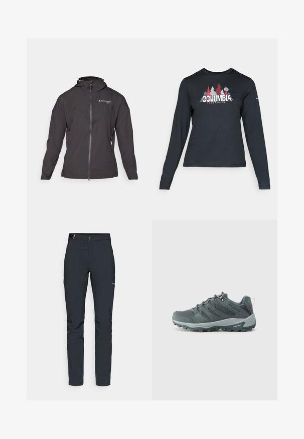 Černá bunda se zipem vpředu, kapucí a síťovými detaily. Disponuje diagonálním švem a bočními zipovými kapsami na uložení. Lehký materiál.; Tmavě šedá dlouhá košile s grafikou červených stromů a hor; logo "COLUMBIA" v tučném bílém písmu. Měkká tkanina, standardní kulatý výstřih.; Pánské outdoorové kalhoty, tmavě šedé, vyrobené z flexibilního materiálu, s pásem, zipovými kapsami a vyztuženým švem.; Tmavě šedé trekingové boty s vrchním dílem z prodyšného materiálu a semiše, šněrovací design, polstrovaná podrážka a robustní podrážka s protiskluzovým vzorem.