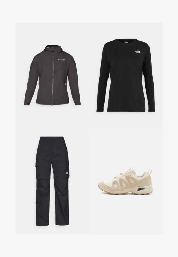 Melnā jaka ar rāvējslēdzēju priekšpusē, kapuci un sietu akcentiem. Iespējo diagonāla šuvju dizains un sānu rāvējslēdzēju kabatas uzglabāšanai. Viegls audums.; Melnas garām piedurknēm T-krekls, izgatavots no kokvilnas ar apaļu kaklu. Tam ir mazs balts logo kreisajā krūtīs. Vienkāršs dizains un piegulums.; Melni nailona bikses ar noņemamām kājām, regulējamiem uzmavām, vairākām kabatām un logotipu uz labās kājas. Gluda, viegla tekstūra.; Beige un krēma sporta apavi ar strukturētu tīkla virsmu, atbalstošajiem slāņiem un gumijas zoli ar protektoru rakstu, kas nodrošina saķeri.