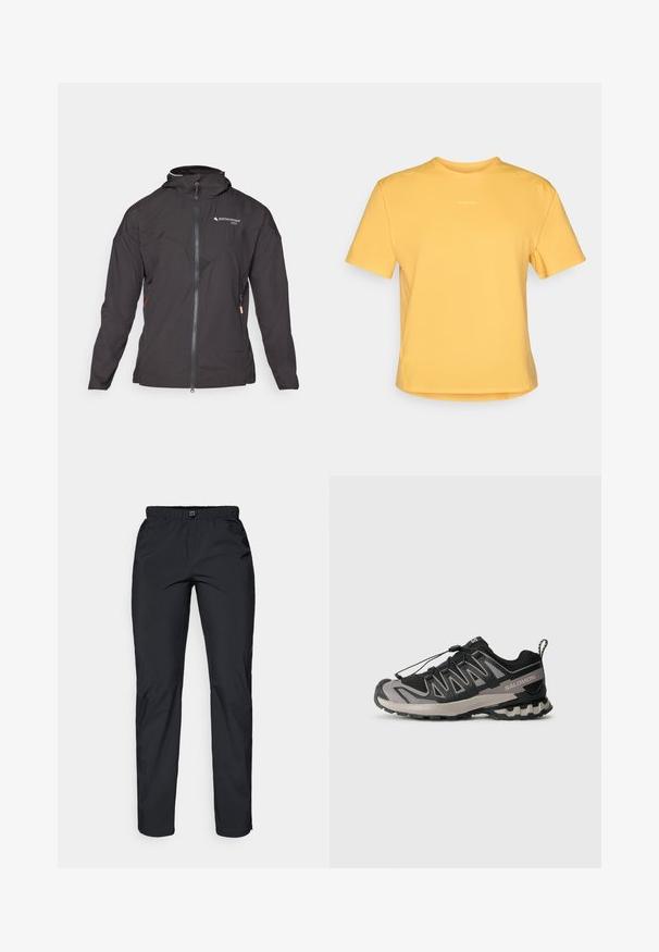 Sort jakke med lynlås foran, hætte og netdetaljer. Har et diagonalt sømdesign og sidelommer med lynlås til opbevaring. Letvægtsstof.; Gul kortærmet T-shirt med rund hals, lavet af blødt stof. Har et diskret logo på brystet og en lige kant.; Sorte, lette, vandafvisende bukser med elastisk talje og to sidelommer; glat tekstur; lige ben-design.; Sort og grå atletiksko med overdel i mesh, gummisål og elastisk snøresystem. Har forstærket tå og teksturerede detaljer.