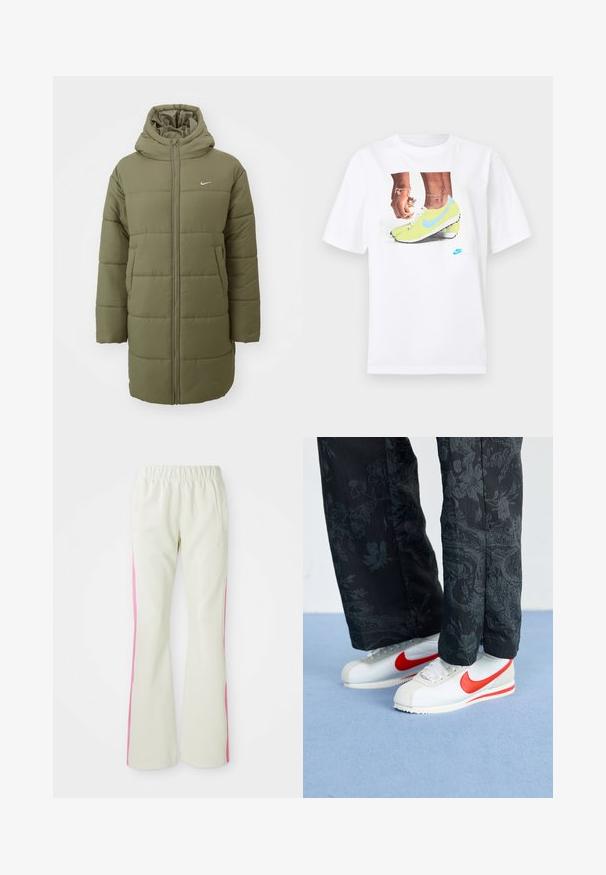 Olivgrön pufferjacka med huva, horisontellt quiltad textur, dragkedja framtill och sidofickor. Litet vitt Nike-logga på bröstet.; Vit bomull t-shirt med en grafik av fötter i gula Nike fotbollsskor med blå accenter, i kombination med ett armband på vänster handled.; Ljusbeige byxor med elastisk midja, med rosa sidopaneler och sidfickor. Slät textur med rak bendesign.; Vita Nike-sneakers med röda accentfärger, parat med svarta byxor med blomstertryck. Texturen är slät med en platt flätad sula.