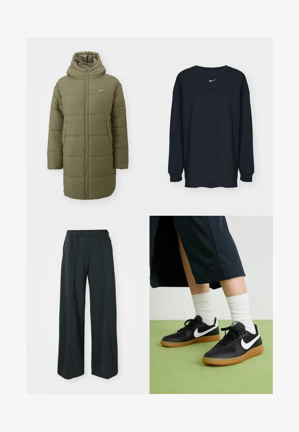 Oliven grønn dunjakke med hette, horisontalt quiltet tekstur, frontglidelås og sidelommer. Lite hvitt Nike-logo på brystet.; Svart langermet T-skjorte laget av bomull med rund hals. Har en hvit Nike-logo på brystet. Myk tekstur, enkelt design.; Sorte, vide treningsbukser med elastisk midje. Laget av glatt, elastisk stoff, med subtile front sømmar og utan lommer.; Sorte lær- og syntetiske joggesko med hvit Nike swoosh, gummisåle, rund tå og sorte lisser. Ribbet hvite sokker synlige.