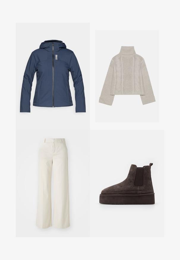 Námořnická modrá bunda s dlouhým rukávem a kapucí, se zapínáním na přední zip, hladkou texturou a jemným logem na horní levé straně.; Zkrácený svetřík v světle šedé barvě z pleteniny s vysokým límcem a žebrovanými manžetami, se strukturovanými kabelovými vzory na zádech a bocích.; Kalhoty s širokými nohavicemi v jasně béžové barvě, vyrobené z hladkého materiálu. Mají klasický pas a plochý přední díl s čistými liniemi.; Hnědé semišové Chelsea boty s elastickými bočními panely a silnou, texturovanou platformovou podrážkou. Obsahují poutko na patě pro snadné obouvání.