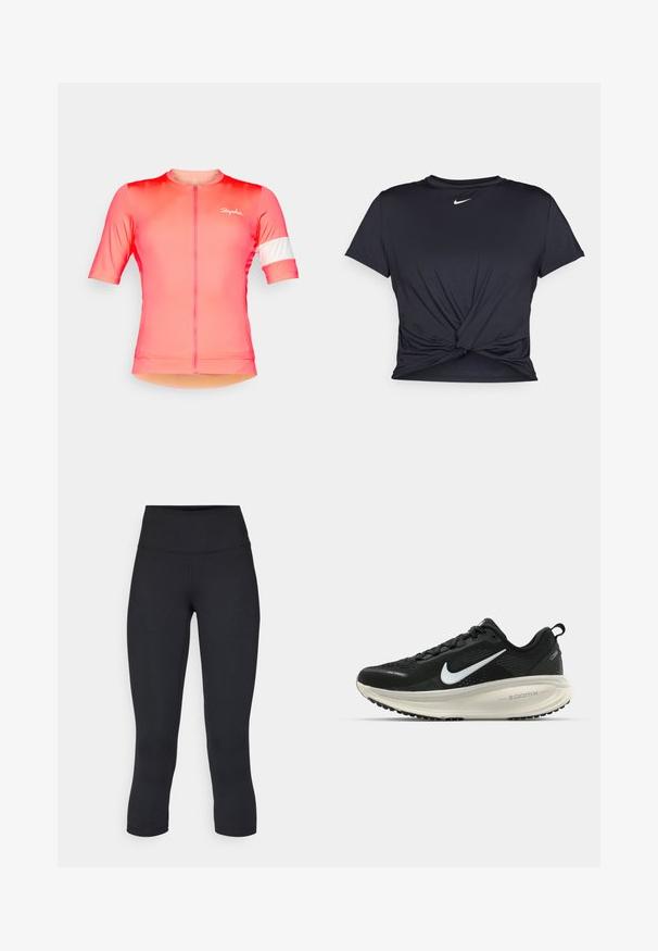 Jersey de ciclismo de manga corta en degradado rosa con cremallera frontal, que presenta una franja blanca en la manga izquierda y un detalle sutil del logo.; Camiseta atlética negra hecha de tela suave, con un diseño de nudo en la parte delantera y un pequeño logo blanco de Nike en el pecho.; Leggings negros cortos hechos de tela elástica, con una cintura alta y una textura suave, sin patrones o herrajes visibles.; Zapatilla de running Nike negra con parte superior de malla transpirable, logo Swoosh blanco, detalles texturizados y una entresuela ZoomX de color crema.