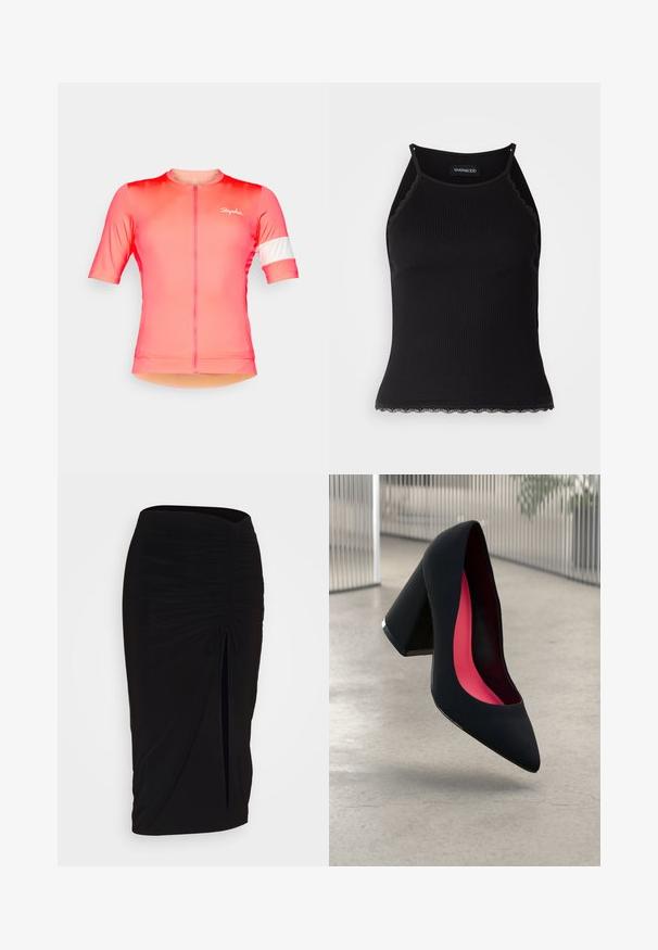 Rövid ujjú kerékpáros mez degradé rózsaszín árnyalatban, elöl zipzárral, bal ujján fehér csíkkal és finom logó részlettel.; Fekete bordázott ujjatlan felső, csipkés, fodros szegéllyel az alján. Vékony pántokkal és testhez simuló kialakítással rendelkezik. Stretch anyagból készült.; Fekete, ráncolt ceruzaszoknya kötött részlettel és oldalsó hasítékkal. Rugalmas anyagból készült, sima textúrával és testhez álló kialakítással.; Fekete magassarkú cipő hegyes orral, textúrált felülettel és élénk rózsaszín béléssel. Vastag sarokkal rendelkezik, ezüst kiegészítővel.