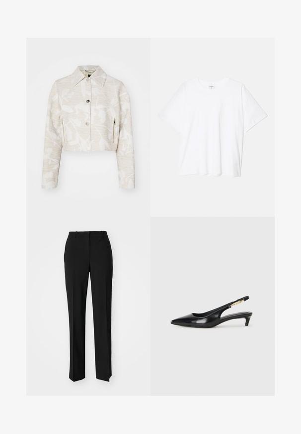 Šviesiai smėlio spalvos tekstūruoto audinio trumpa striukė su gėlių raštu, turinti smailų kolorį, priekinį užsegimą su snapeliais ir šonines užtrauktukų kišenes.; Balta medvilnės marškinėliai trumpomis rankovėmis, apvalia iškirpte, laisvo kirpimo ir su siūtu kraštu. Etiketė matoma vidinėje iškirptės pusėje.; Juodi pritaikyti kelnių modeliai su tiesiomis kojomis, pasižyminčios lygiomis tekstūromis ir ryškiomis klostėmis priekyje. Nėra matomų detalių.; Juodas odinis pavasario batelių modelis su smailiu nosiu, turintis siaurą kulniuką ir auksinės spalvos akcentu reguliuojamoje juostoje. Lygi tekstūra.