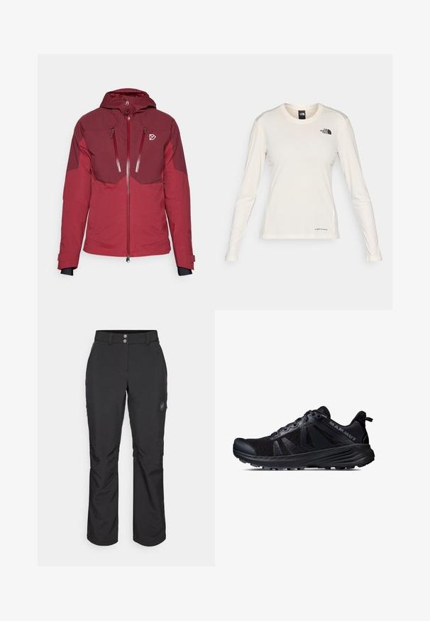 Giacca da esterno rossa con cappuccio, caratterizzata da pannelli a contrasto, due tasche frontali con zip e cordini regolabili, realizzata in un tessuto liscio.; The North Face SHADOW LONG SLEEVE - Maglietta a manica lunga - white dune; Pantaloni outdoor neri con taglio dritto, dotati di chiusura con bottone, tasche laterali con zip e una patch con logo sulla coscia sinistra.; Scarpe da trail running nere con tomaia in rete e suola in gomma. Presentano sovrapposizioni testurizzate, punta rinforzata e logo del marchio sul tallone.
