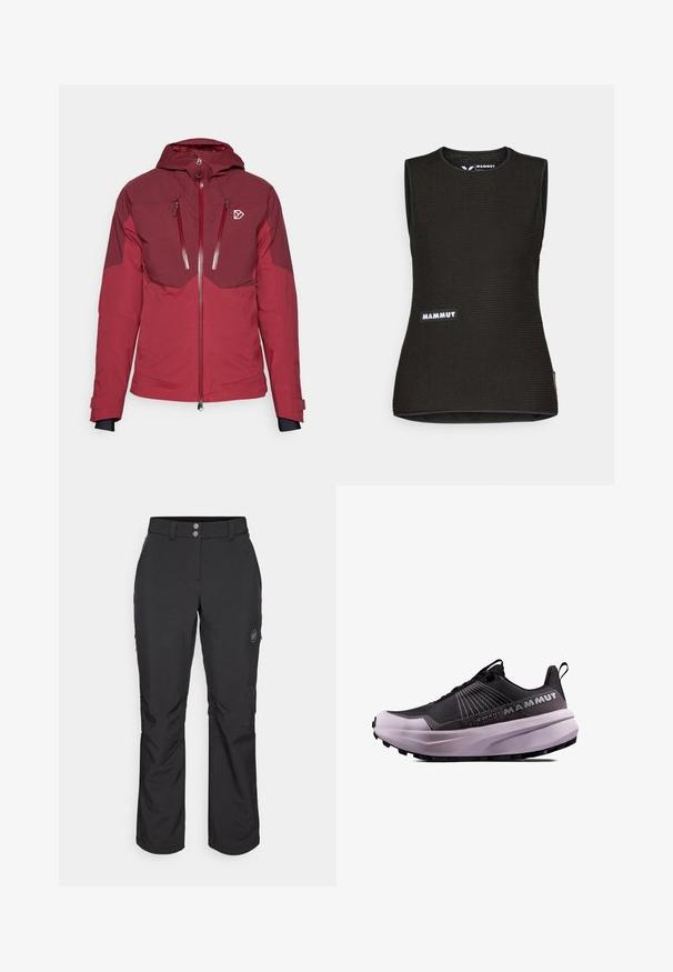 Czerwona kurtka zewnętrzna z kapturem, z kontrastowymi panelami, dwoma zapinanymi na zamek kieszeniami z przodu oraz regulowanymi sznurkami, wykonana z gładkiego materiału.; Czarny bezrękawnik z teksturowanym wzorem, z okrągłym dekoltem i logo "MAMMUT" z przodu. Wykonany z materiału oddychającego.; Czarne spodnie outdoorowe o prostym kroju, z zapięciem na guzik, zapinanymi na zamek bocznymi kieszeniami oraz naszywką z logo na lewej udzie.; Czarne i fioletowe buty do biegania po szlakach z teksturowaną cholewką, wyściełaną podeszwą i wyraźnym logo. Posiadają sznurowany design oraz wytrzymały bieżnik.
