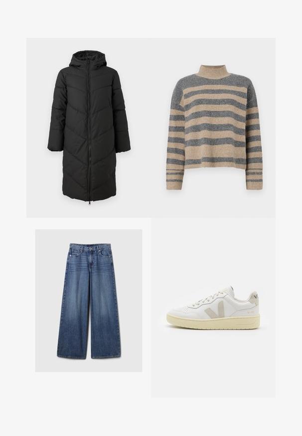 Fekete, hosszú puffermellény, cipzáros elejével, kapucnival és cikkcakk mintával. Széles ujjak jellemzik, sima, szigetelt textúrával.; Csíkos kötött pulóver szürke és bézs színekkel, magas gallérral, széles mandzsettás ujjal és laza, rövidített fazonnal.; Széles lábú kék farmernadrág elhalványodott felülettel, gombos és cipzáras záródással, öt zsebbel és övhurkokkal.; Fehér bőr sneaker bézs velúr részletekkel, perforált orr résszel, lapos fűzőkkel és textúrált krémszínű talppal. Finom márkajelzés található a sarkán.