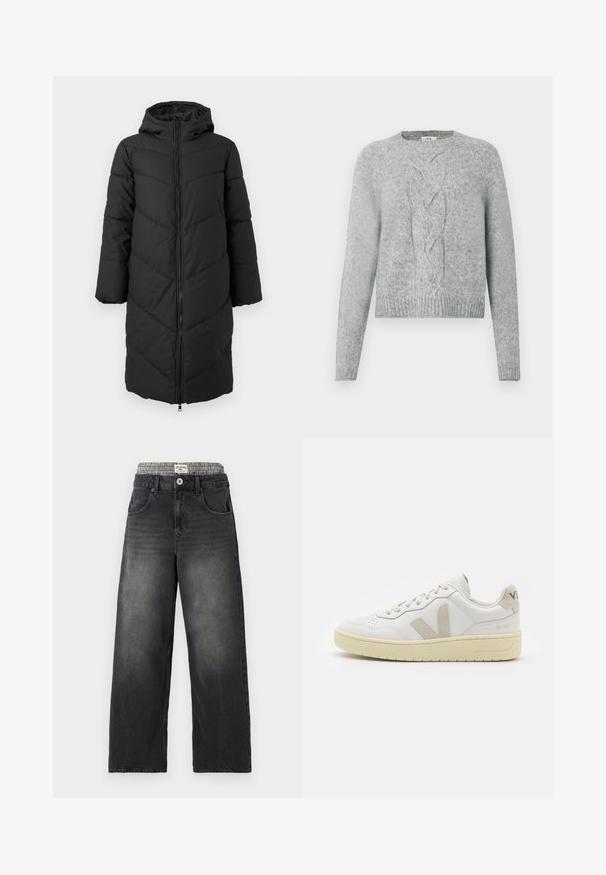 Abrigo largo de plumas negro con cierre delantero, capucha y patrón en chevron. Presenta mangas amplias y una textura lisa e insulated.; Suéter de punto gris claro con mangas largas, cuello redondo y un patrón de trenzado central en la parte delantera.; Vaqueros de mezclilla negra de pierna ancha con una cinturilla de patrón de espiga. Incluye bolsillos frontales y un cierre con botón. Textura desgastada.; Zapatilla de piel blanca con acentos de ante beige, caja de puntera perforada, cordones planos y suela texturizada en color crema. Cuenta con un branding sutil en el talón.