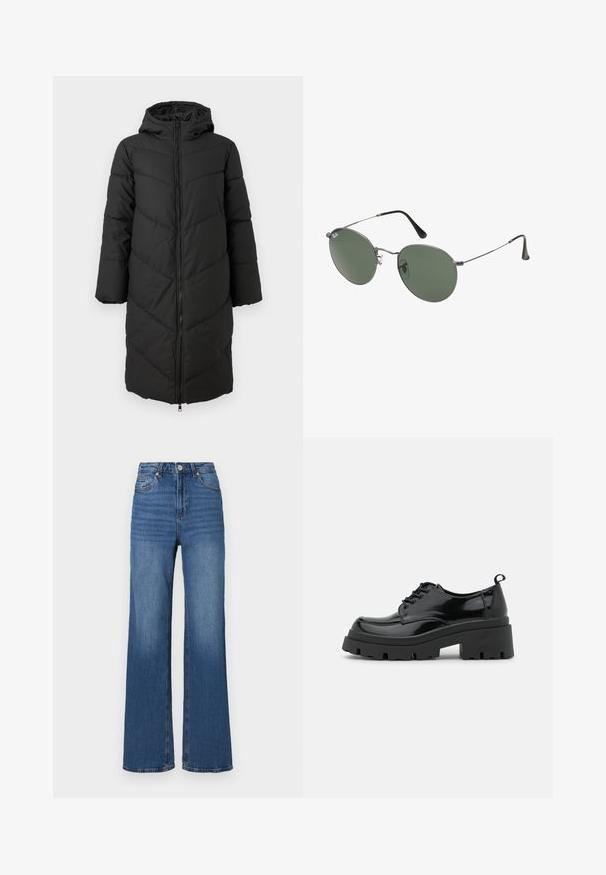 Sort lang pufferjakke med lynlås foran, hætte og chevronmønster. Har brede ærmer og en glat, isoleret tekstur.; Denimskjorte i mørkeblå, med krave, lange ærmer, dobbelt brystlomme og kontrasterende syninger.; Højtaljede, vidde jeans i blå denim med klassisk fem-lomme design og subtil fading langs benene.; Sorte patentlæder sko med en kraftig platformsål og tykke snørebånd. Runde tå, minimal detaljer og en lille hæltab bagpå.; Metalrammede solbriller med ovale grønne linser. Tynd sølvmetalramme og sorte ørepropper. Minimalistisk design, ingen synlige logoer.