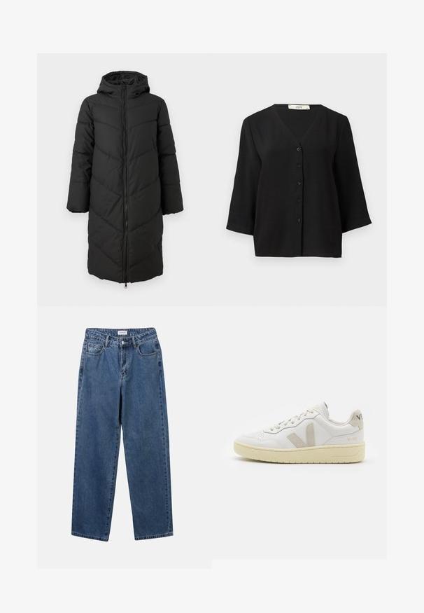 Juodas ilgas pūkinis švarkas su užtrauktuku priekyje, gobtuvu ir chevrono raštu. Yra plačios rankovės ir lygi, šiltinanti tekstūra.; Juodas trumpas rankovėmis marškinėlių apvalkaliukas su V formos iškirpte, pasižymi tekstūruota medžiaga ir šešiais juodais mygtukais priekyje.; Klasikiniai mėlynos džinsinio audinio džinsai su tiesiomis kojomis, penkiomis kišenėmis ir mygtukų uždarymu. Pasižymi vidutiniu skalbimu ir tvirtu audiniu.; Balti odiniai sportbačiai su kreminiais zomšos akcentais, perforuota pirštų dalimi, plokščiomis raišteliais ir struktūruota kreminėmis padomis. Ant kulno yra subtilus ženklinimas.