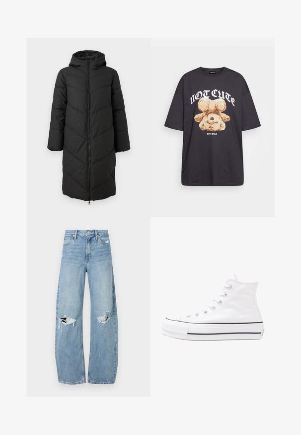 Geacă puffer lungă, neagră, cu fermoar pe față, glugă și model în formă de zigzag. Are mâneci largi și o textură netedă, izolată.; Tricou oversized negru featuring un grafic cu un urs și textul „NU E DRĂGUȚ DAR SUNT SĂLBATIC” în litere albe, îndrăznețe. Material din bumbac.; Jeans de denim, de un bleu deschis, cu talie înaltă. Au picioare late, două zone rupte la genunchi și un stil clasic cu cinci buzunare.; Adidași albi tip pantofi sport cu glezna din pânză, cu talpă din cauciuc negru, capac de vârf din cauciuc frontal și șase ochiuri pentru șireturi, având un design curat și minimalist.