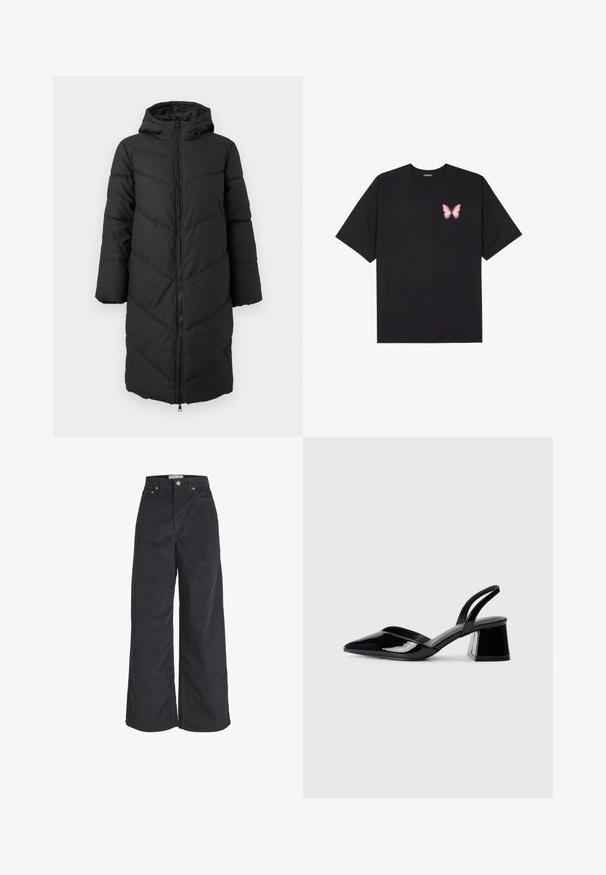 Svart lang pufferkjole med glidelås foran, hette og chevronmønster. Har vide ermer og en glatt, isolert tekstur.; Svart bomulls T-skjorte med korte ermer, med en liten rosa sommerfugl grafikk på venstre bryst. Crew-neck design med en avslappet passform.; Sorte kordfløyels brede benbukser med høy midje, frontknappelukking og to sidelommer. Myk tekstur og rett silhuett.; Svarte patentlær slingback hæler med spiss tå og geometrisk blokk hæl. Har et stilrent, minimalistisk design og jevn tekstur.