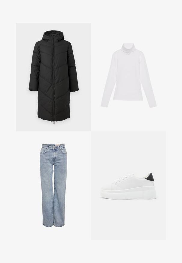 Geacă puffer lungă, neagră, cu fermoar pe față, glugă și model în formă de zigzag. Are mâneci largi și o textură netedă, izolată.; Tricou alb cu mâneci lungi și guler înalt, realizat dintr-un material neted și elastic. Dispune de un design ajustat, fără modele vizibile sau embellishments.; Jeans din denim, de un albastru deschis, cu croială largă, talie înaltă, design cu cinci buzunare și o ușoară decolorare pentru un aspect purtat.; Adidași albi cu platformă, fabricați din material sintetic neted, cu vârf rotund, design cu șireturi și talpă din cauciuc texturat. Accente negre la călcâi.