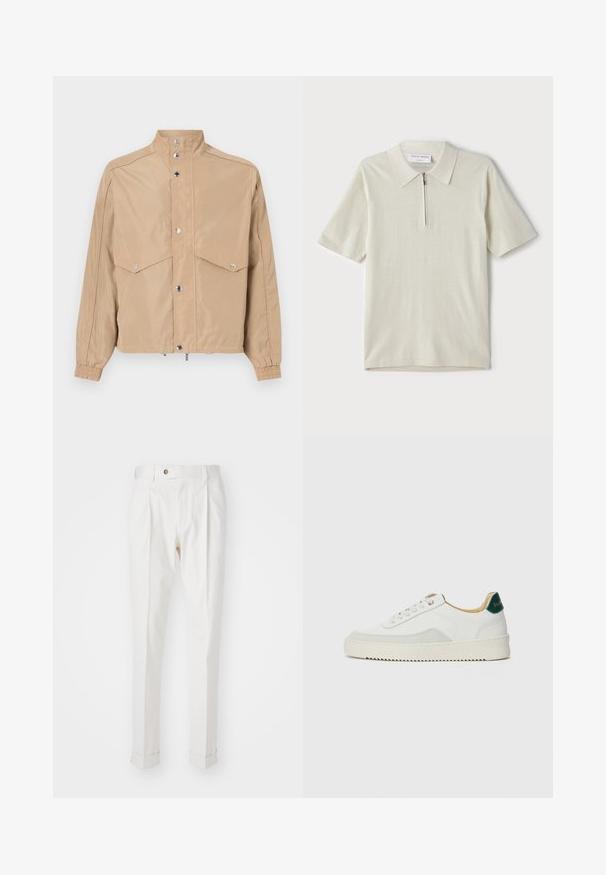 Bežna vetrovka iz gladkega blaga, z visokim ovratnikom, zaponkami, dvema žepoma s klapnico in elastičnimi manšetami.; Polo majica s kratkimi rokavi v svetlo bež barvi z zadrgo pri ovratniku. Narejena iz gladkega materiala, ima preprost, sodoben dizajn brez vzorcev.; Bela, krojena hlače z ravnim sprednjim delom, dvema naborkoma in zavitki. Narejene iz gladkega materiala z gumbom za zapiranje v pasu.; Bela trenerka z zaključki iz semiša, okroglo konico, ravne vezalke in kremna gumijasta podplata. Ima zeleno blagovno znamko na peti.