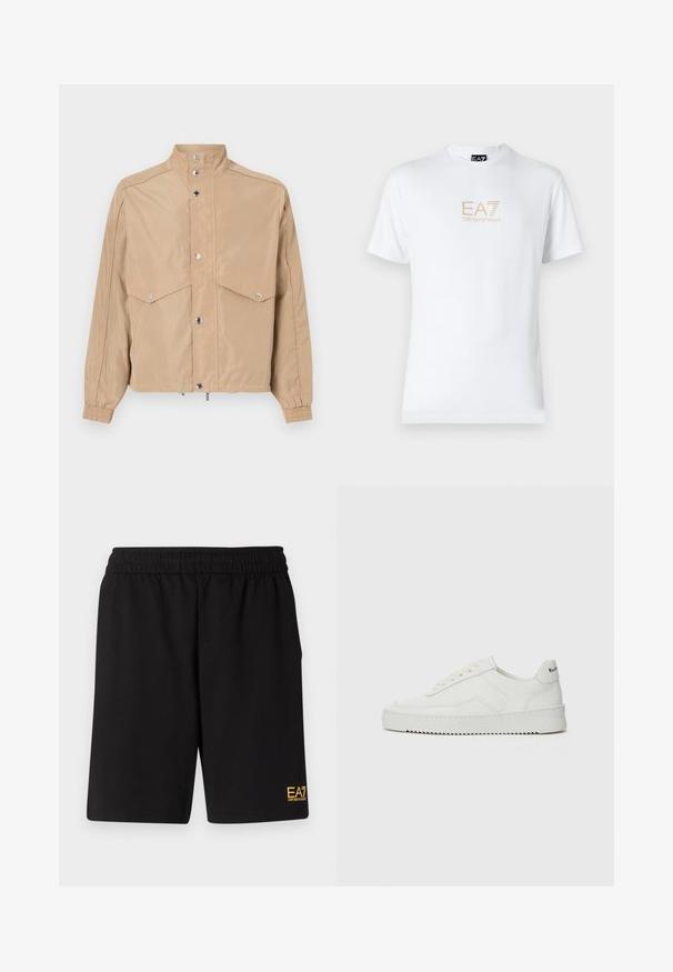 Beige windbreaker jacket made of smooth fabric, featuring a high collar, snap fasteners, two flap pockets, and elastic cuffs.; White cotton t-shirt featuring a round neckline and short sleeves, with a gold EA7 Emporio Armani logo printed on the front.; Black athletic shorts made of soft fabric,Featuring an elastic waistband and a small yellow EA7 logo on the lower left leg.; White leather sneaker with a smooth finish, round toe, flat laces, and a textured sole. Features a subtle logo on the heel.